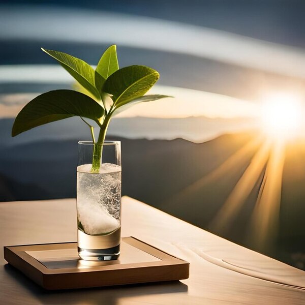 Glass of water and a plant on a table in soft light